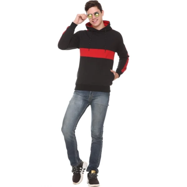 Men's Casual Striped Fleece Hooded Neck T-shirt (Black)