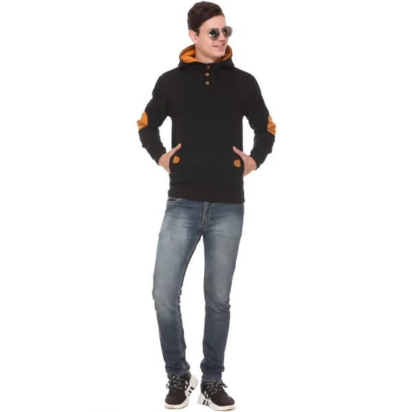 Men's Casual Solid Fleece Hooded Neck T-shirt (Black)