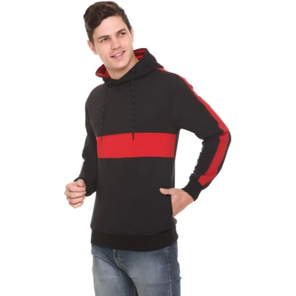 Men's Casual Striped Fleece Hooded Neck T-shirt (Black)