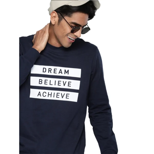 Men's Casual Printed Fleece Round Neck T-shirt (Dark Blue)