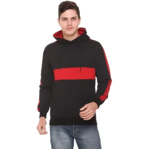 Men's Casual Striped Fleece Hooded Neck T-shirt (Black)