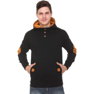 Men's Casual Solid Fleece Hooded Neck T-shirt (Black)