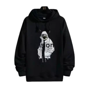 Men's Casual Printed Fleece Hooded Neck T-shirt (Black)