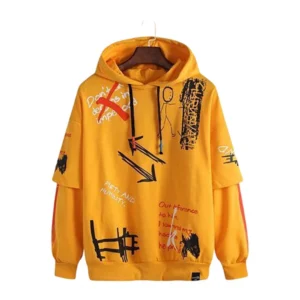 Men's Casual Printed Fleece Hooded Neck T-shirt (Yellow)