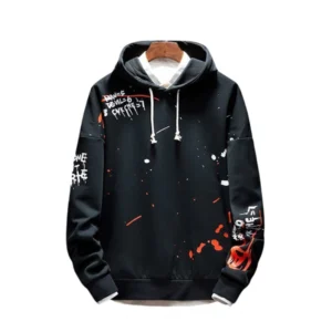 Men's Casual Printed Fleece Hooded Neck T-shirt (Black)