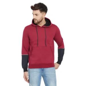 Men's Casual Solid Fleece Hooded Neck T-shirt (Maroon)