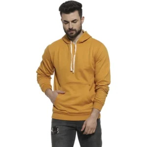 Men's Casual Solid Fleece Hooded Neck T-shirt (Yellow)