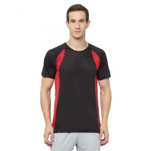 Men's Casual Colorblock Polyester Round Neck T-shirt (Black)