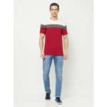 Men's Casual Colorblock Cotton Blend Round Neck T-shirt (Red)