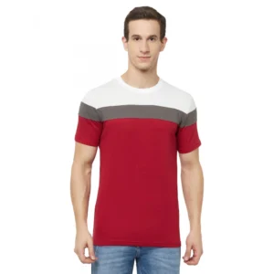 Men's Casual Colorblock Cotton Blend Round Neck T-shirt (Red)