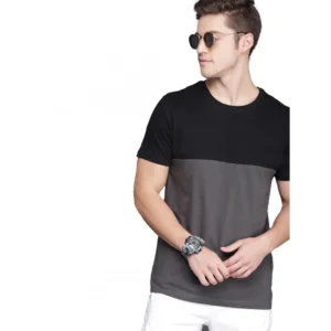 Men's Casual Colorblock Cotton Blend Round Neck T-shirt (Black & Grey)