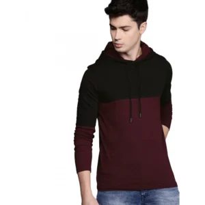 Men's Casual Colorblock Cotton Blend Hooded Neck T-shirt (Maroon & Black)