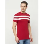 Men's Casual Striped Cotton Blend Round Neck T-shirt (Maroon & White)