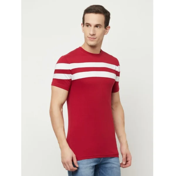 Men's Casual Striped Cotton Blend Round Neck T-shirt (Maroon & White)