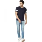 Men's Casual Colorblock Cotton Blend Round Neck T-shirt (Blue)
