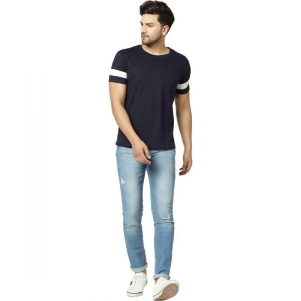 Men's Casual Colorblock Cotton Blend Round Neck T-shirt (Blue)