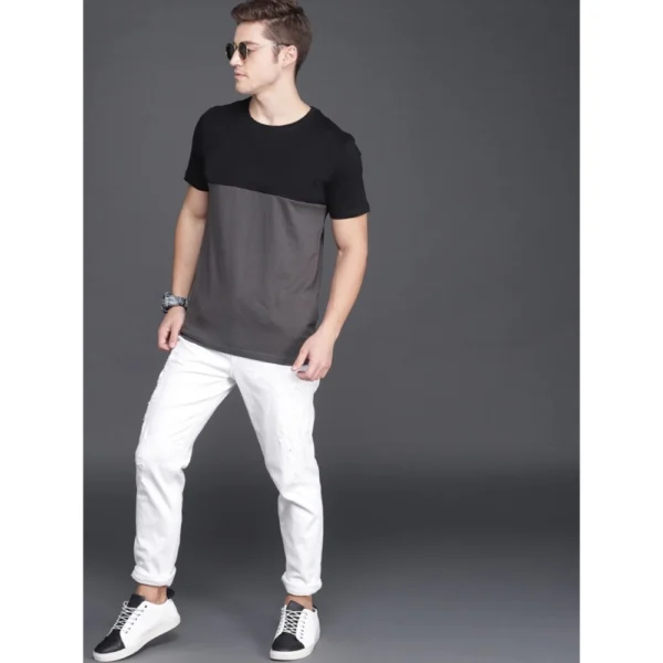 Men's Casual Colorblock Cotton Blend Round Neck T-shirt (Black & Grey)