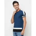 Men's Casual Colorblock Cotton Blend Round Neck T-shirt (Blue)