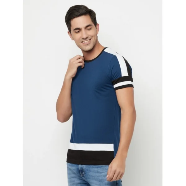 Men's Casual Colorblock Cotton Blend Round Neck T-shirt (Blue)