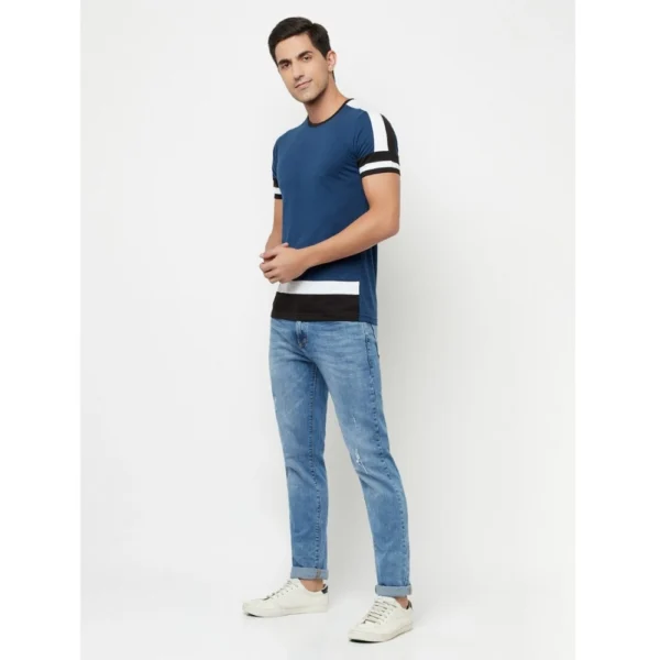 Men's Casual Colorblock Cotton Blend Round Neck T-shirt (Blue)