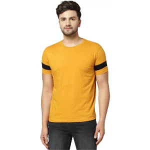 Men's Casual Solid Cotton Blend Round Neck T-shirt (Yellow)
