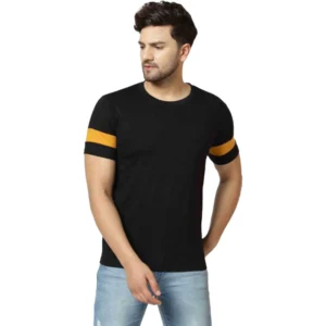 Men's Casual Solid Cotton Blend Round Neck T-shirt (Black)