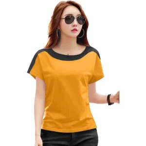 Women's Casual Solid Polyester Boat Neck T-shirt (Yellow)