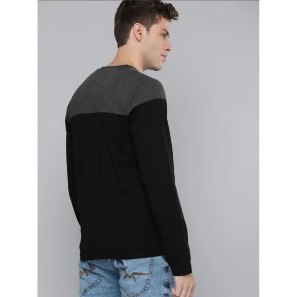 Men's Casual Colorblock Polyester Round Neck T-shirt (Black)