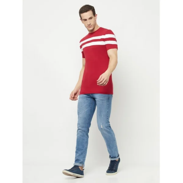 Men's Casual Striped Cotton Blend Round Neck T-shirt (Maroon & White)