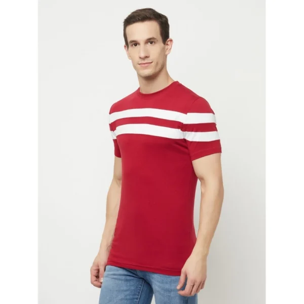 Men's Casual Striped Cotton Blend Round Neck T-shirt (Maroon & White)