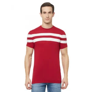 Men's Casual Striped Cotton Blend Round Neck T-shirt (Maroon & White)