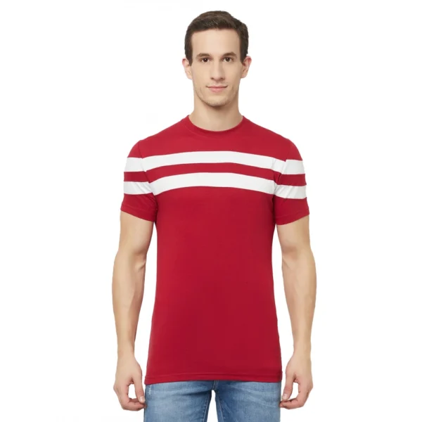 Men's Casual Striped Cotton Blend Round Neck T-shirt (Maroon & White)