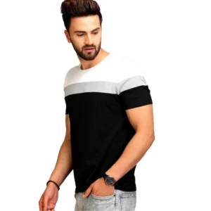 Men's Casual Colorblock Cotton Blend Round Neck T-shirt (Black)