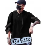 Women's Casual Printed Cotton Blend Hooded Neck T-shirt (Black)