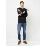 Men's Casual Printed Cotton Blend Round Neck T-shirt (Black)