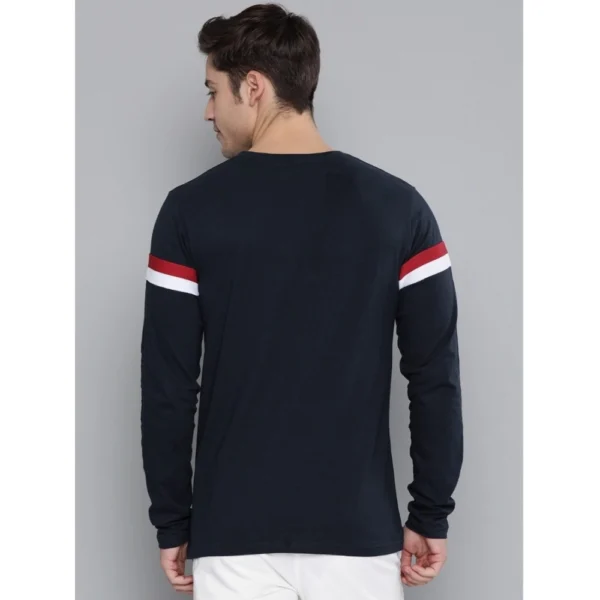 Men's Casual Colorblock Cotton Blend Round Neck T-shirt (Navy Blue)