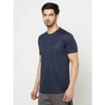 Men's Casual Solid Polyester Round Neck T-shirt (Navy Blue)
