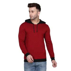 Men's Casual Solid Cotton Blend Hooded Neck T-shirt (Maroon)