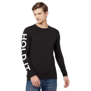 Men's Casual Printed Cotton Blend Round Neck T-shirt (Black)