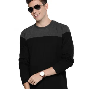 Men's Casual Colorblock Polyester Round Neck T-shirt (Black)