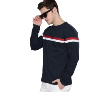 Men's Casual Colorblock Cotton Blend Round Neck T-shirt (Navy Blue)