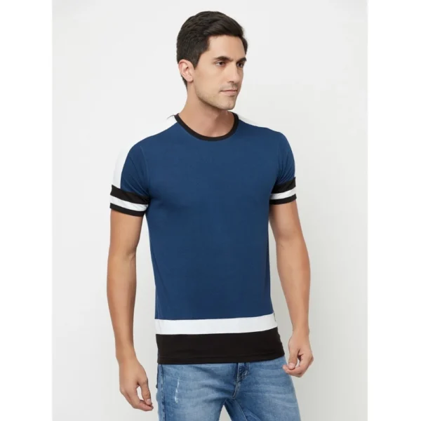 Men's Casual Colorblock Cotton Blend Round Neck T-shirt (Blue)