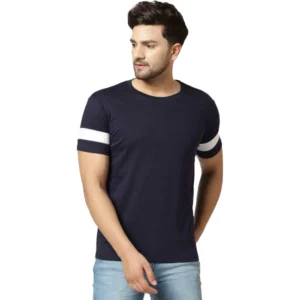 Men's Casual Colorblock Cotton Blend Round Neck T-shirt (Blue)