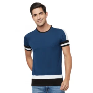 Men's Casual Colorblock Cotton Blend Round Neck T-shirt (Blue)