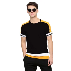 Men's Casual Colorblock Cotton Blend Round Neck T-shirt (Black)