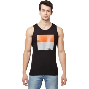 Men's Casual Colorblock Cotton Blend Round Neck Cut Sleeve T-shirt (Black)