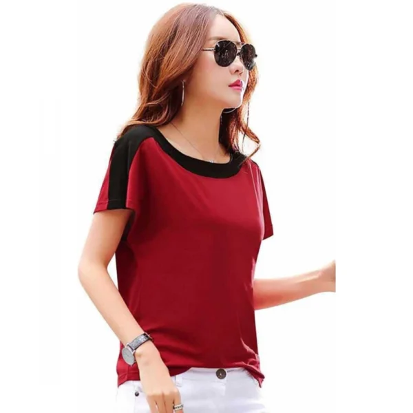 Women's Casual Solid Polyester Boat Neck T-shirt (Maroon)