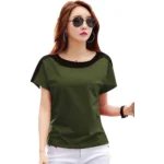 Women's Casual Solid Polyester Boat Neck T-shirt (Green)
