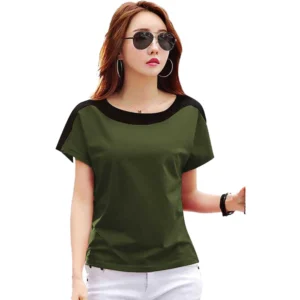 Women's Casual Solid Polyester Boat Neck T-shirt (Green)