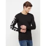 Men's Casual Printed Cotton Blend Round Neck T-shirt (Black)